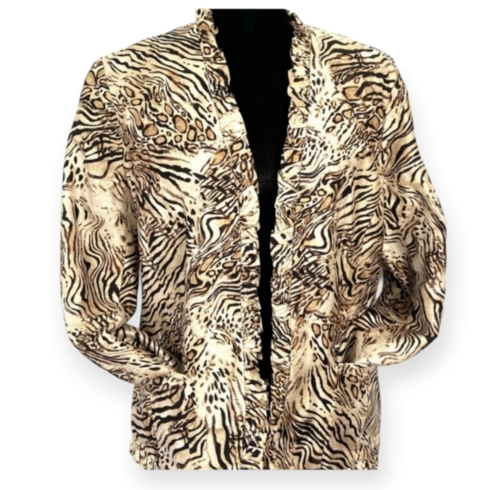 NWT Chicos tan & brown animal print silk open front ruffle jacket Womens… - Picture 4 of 7